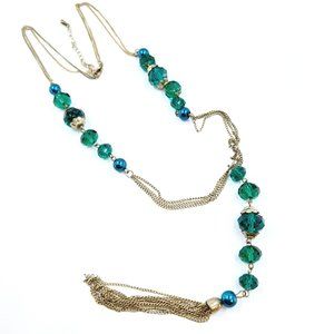 NWT – Charming Charlie – Green Beaded Y Style Tassel Gold Tone 26” Necklace